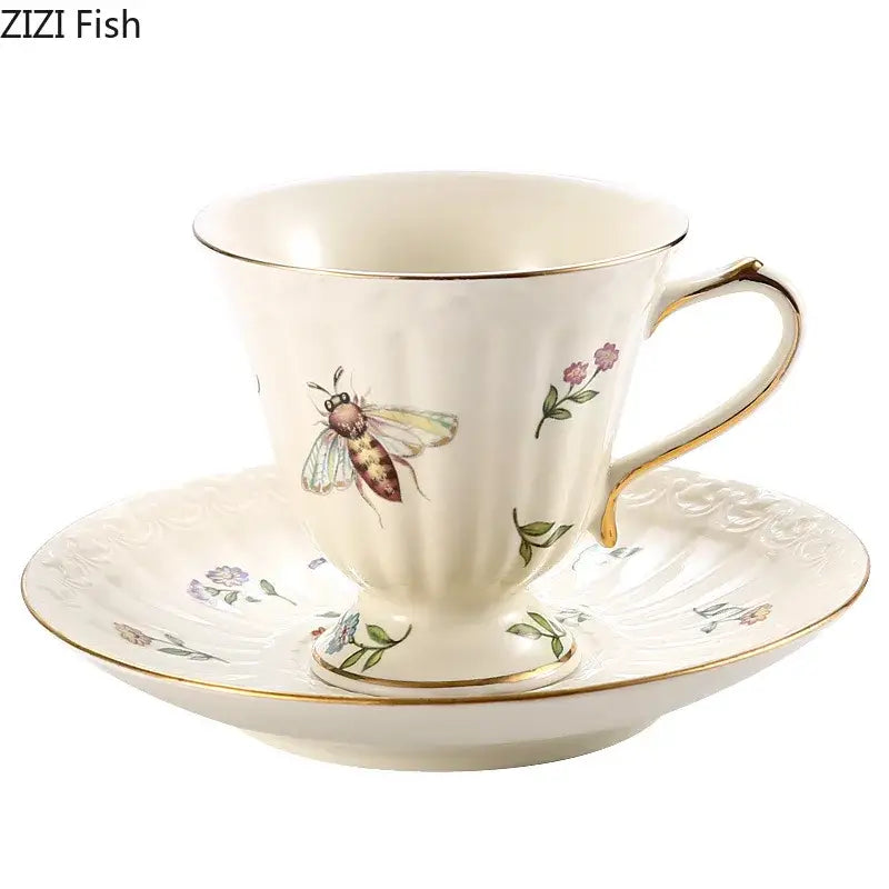 Butterfly gold ceramic cup and saucer set dining room porcelain tea set