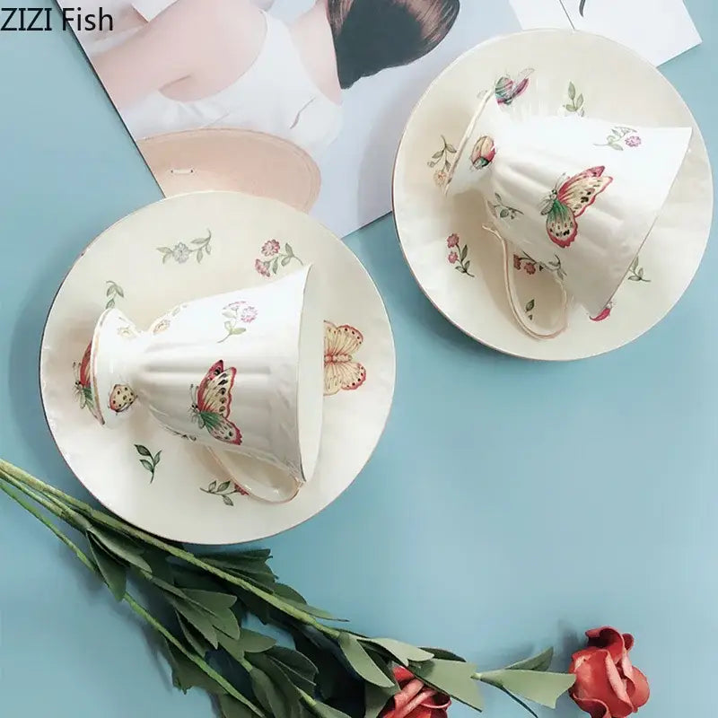 Butterfly gold ceramic cup and saucer set dining room porcelain tea set