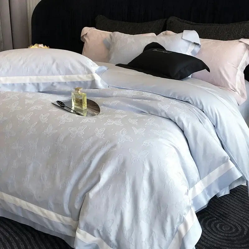Butterfly jacquard bedding set – light blue & white bedroom duvet cover