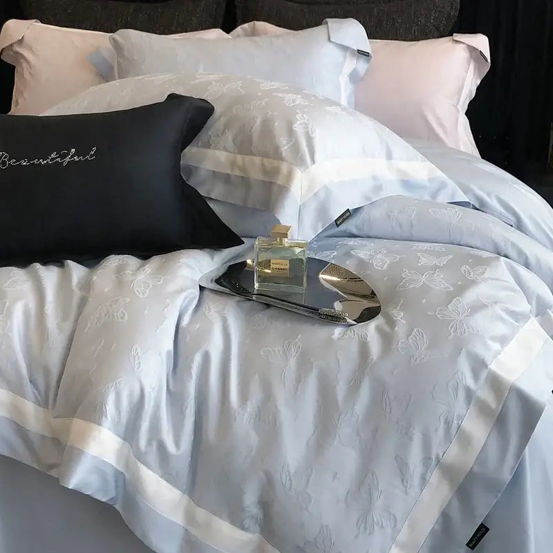 Butterfly jacquard bedding set – light blue & white bedroom duvet cover