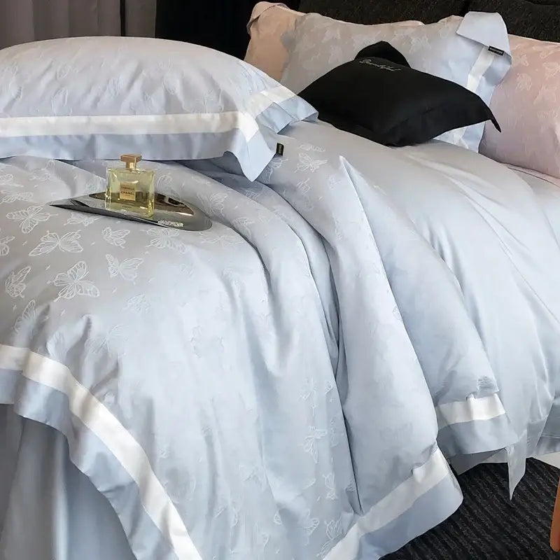 Butterfly jacquard bedding set – light blue & white bedroom duvet cover