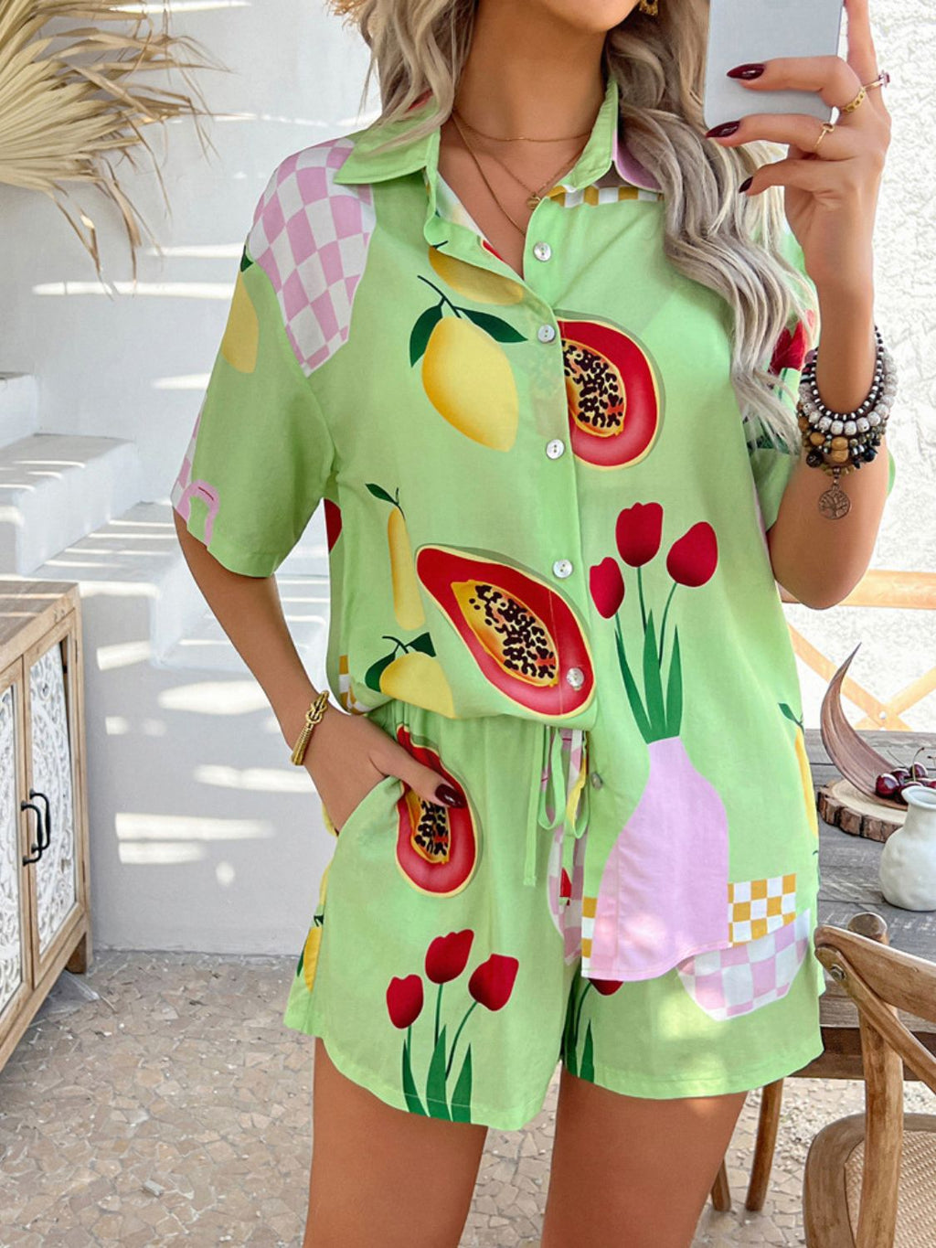 Women's Devine Printed Button-Down Romper Set Bottoms