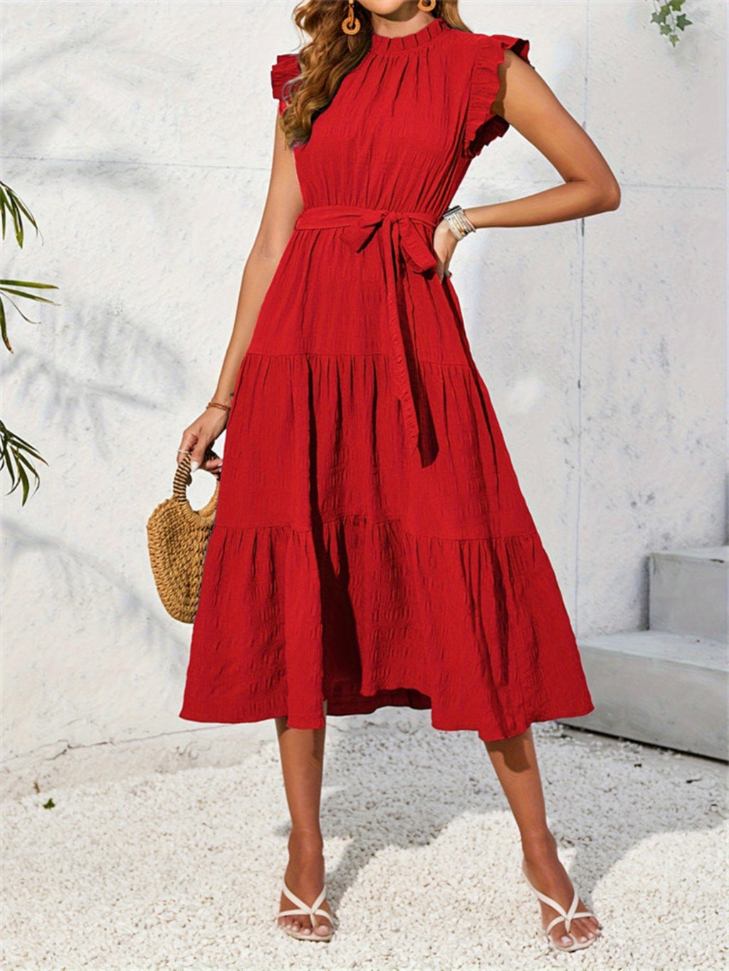 Women's Mock Ruffled Sleeve Midi Dress