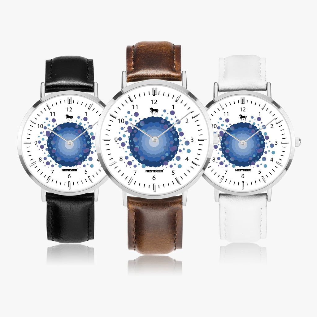 165. NESTDEER Ultra-Thin Leather Strap Quartz Watch (Silver With Indicators)