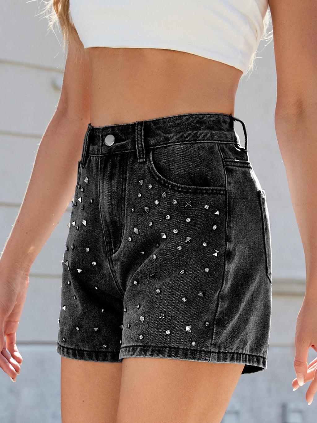 Rhinestone Washed High Waist Denim Bottoms