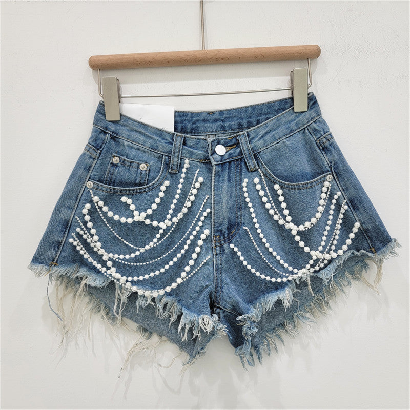 Denim Bottoms Women's Summer High Waist Slimming Rhinestone Drip