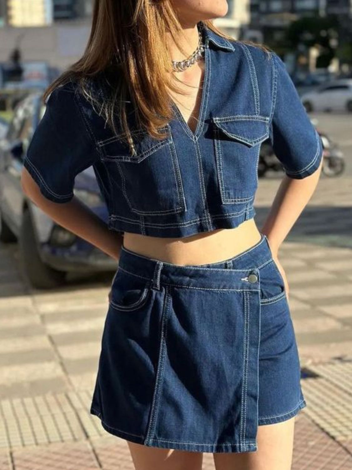Women's Collar Sleeve 2 pc. Skort Denim Set