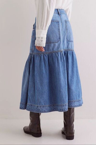 MUNSIEUR Bohemian Denim Midi Skirt - Luxury Flowy Skirt with Pockets for Women