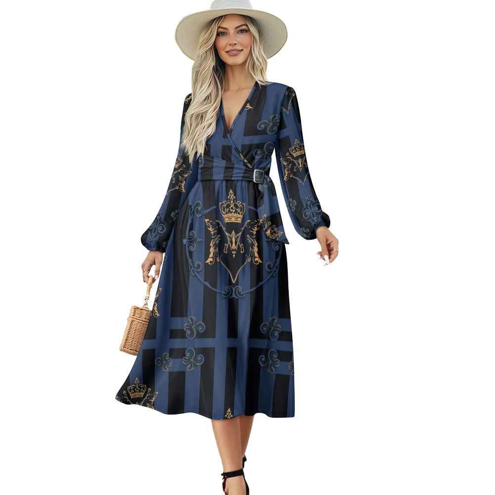V-Neck Long Sleeve Midi Dress