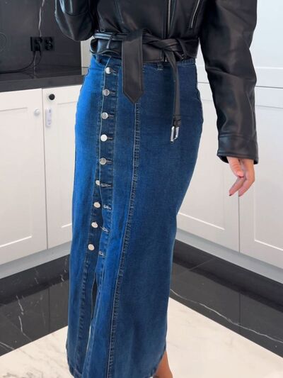 Women's Front Button Slit Maxi Denim Skirt