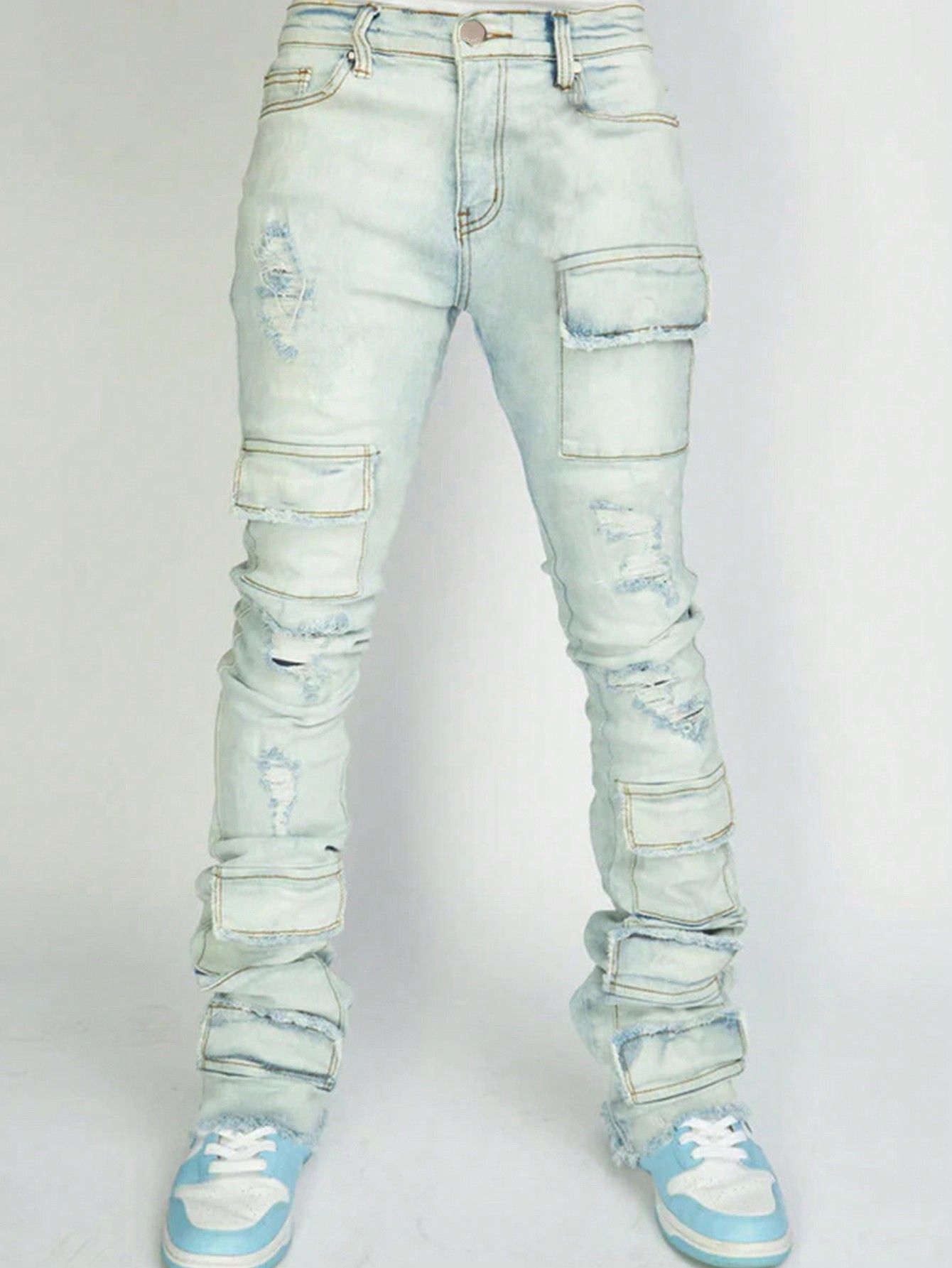 Men's Denim Straight-leg American Fashion Stretch Ripped Laminated Micro-pull Pants