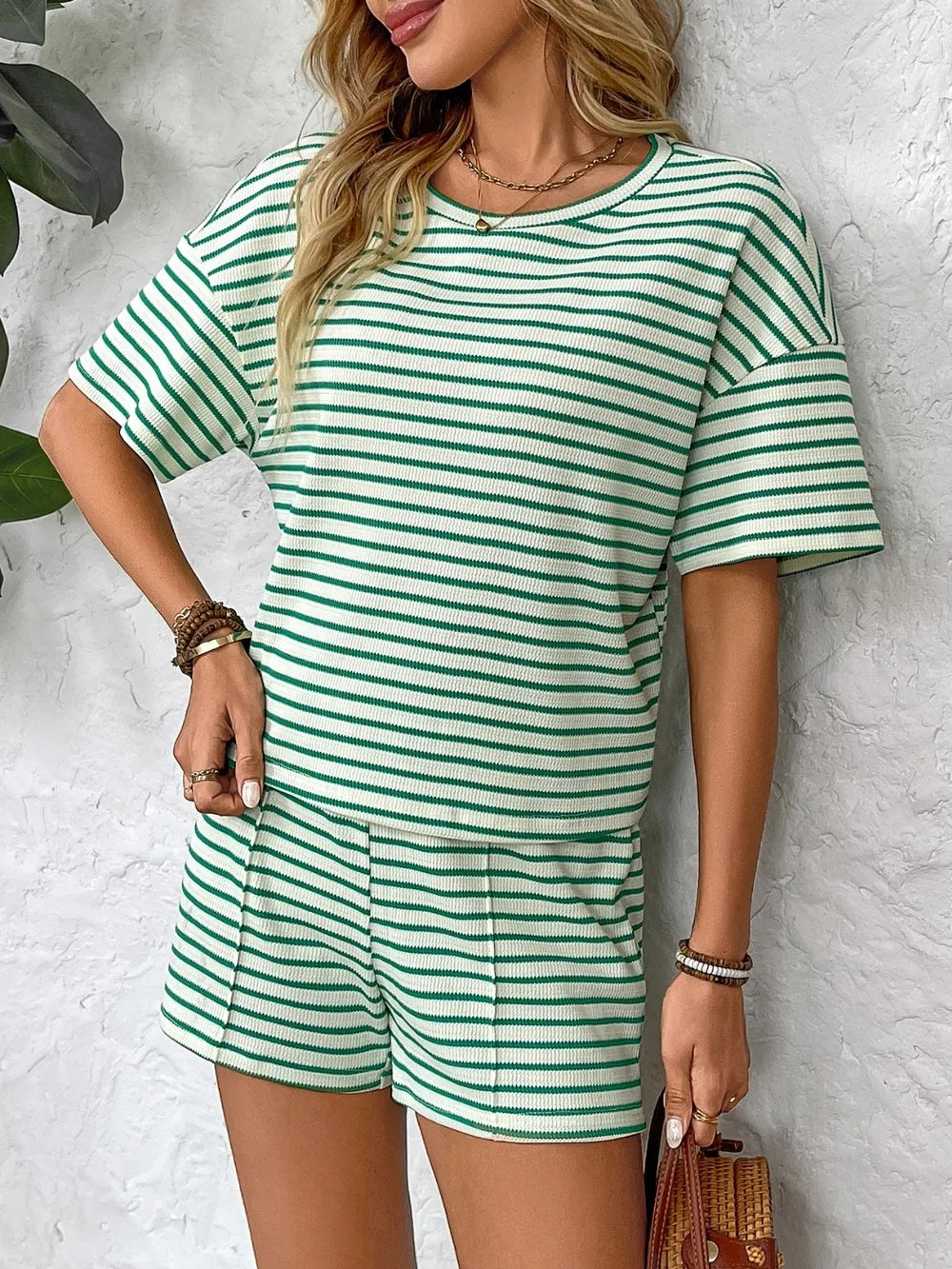 Women's Striped Round Neck Top and Bottoms Set