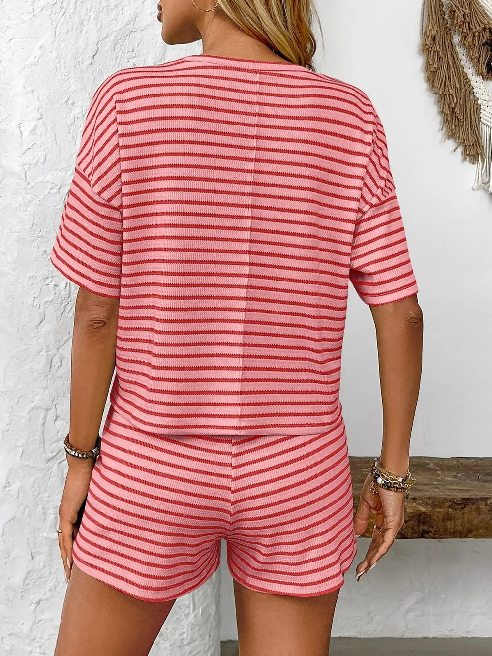 Women's Striped Round Neck Top and Bottoms Set