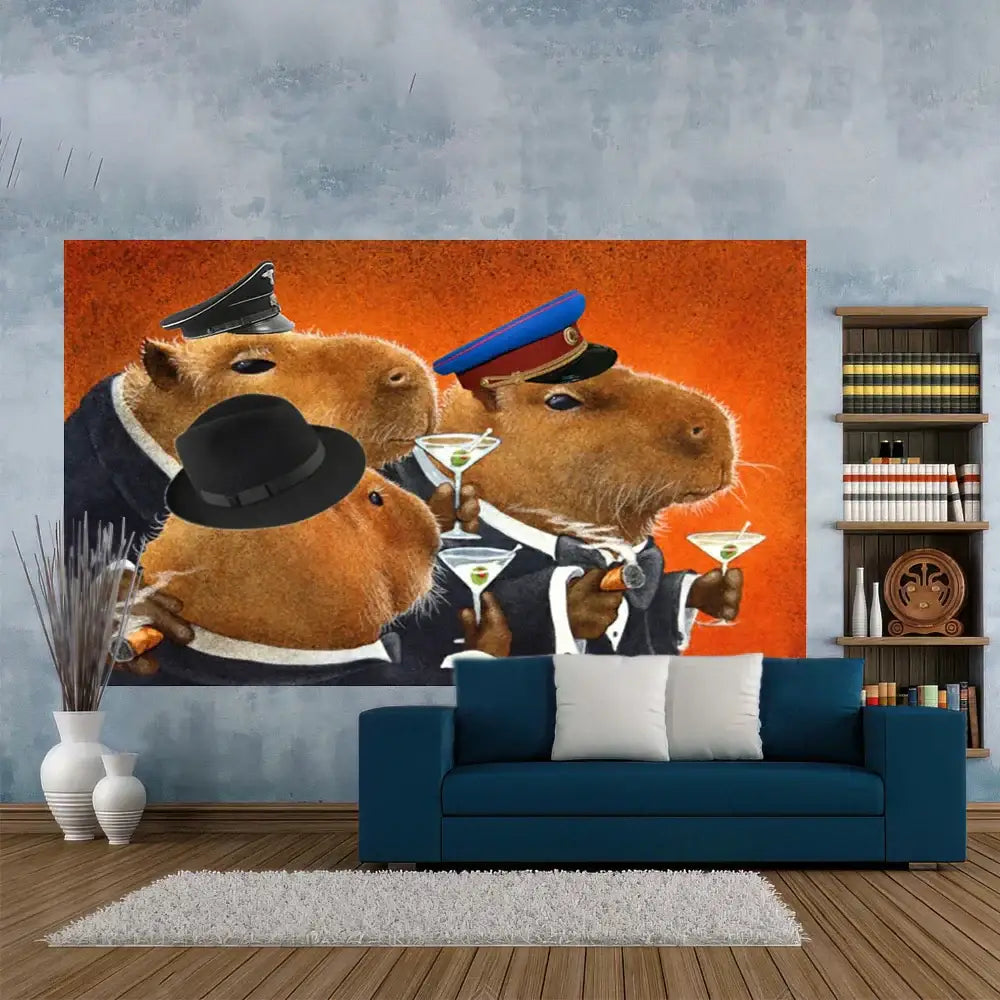 Capybara club humor orange martini tapestry bedroom wall decor