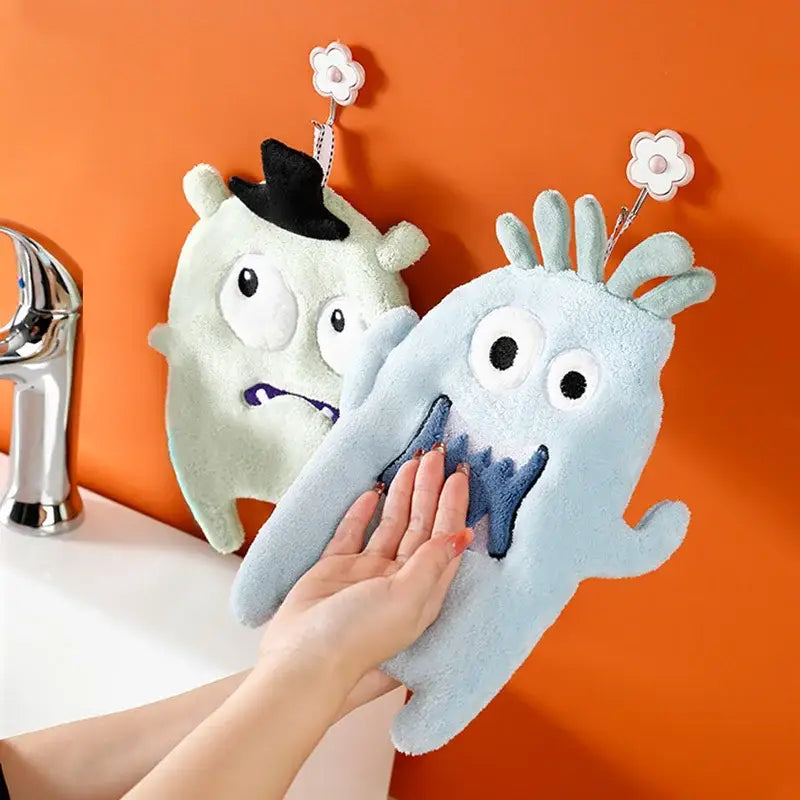 Cartoon animal coral velvet monster hand towel set kitchen decor