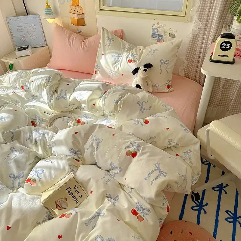 Cartoon animal cream satin quilt cover set bedroom bedding