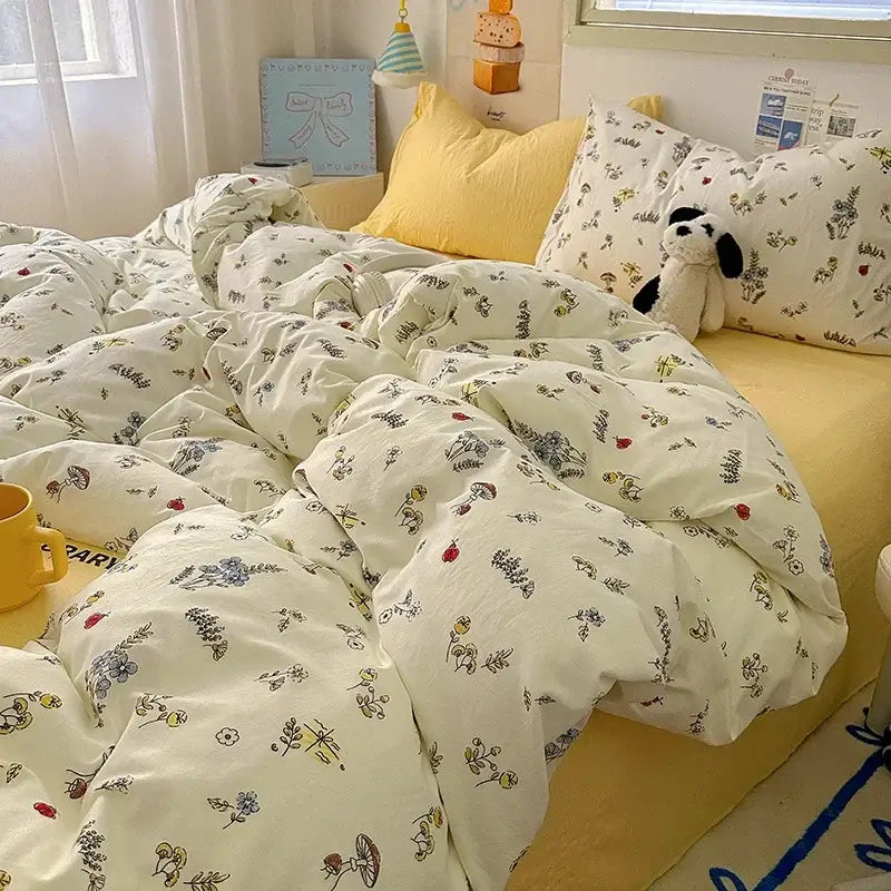 Cartoon animal cream satin quilt cover set bedroom bedding