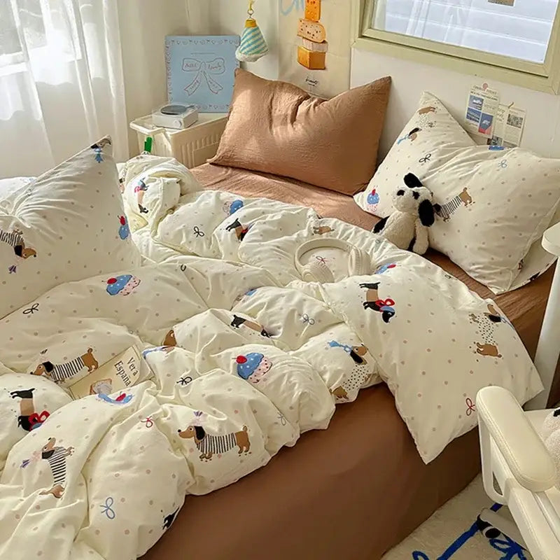 Cartoon animal cream satin quilt cover set bedroom bedding