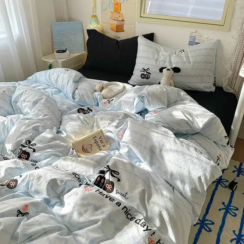 Cartoon animal cream satin quilt cover set bedroom bedding