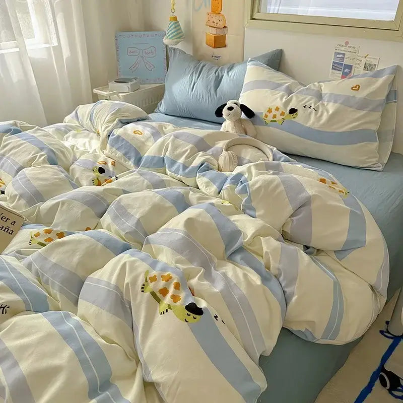 Cartoon animal cream satin quilt cover set bedroom bedding