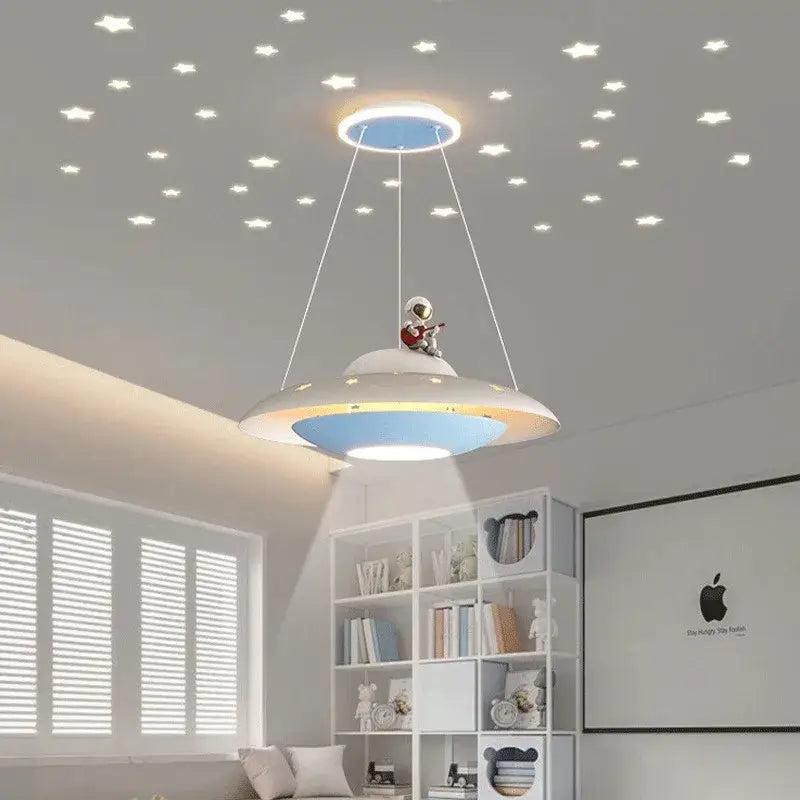 Cartoon astronaut chandelier ufo white & blue pendant light bedroom
