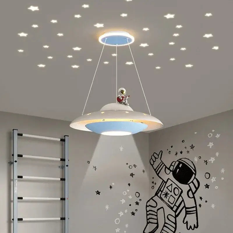 Cartoon astronaut chandelier ufo white & blue pendant light bedroom