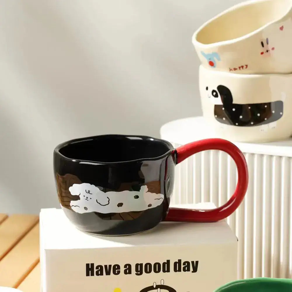 Cartoon big ear cup cream & black ceramic mug kitchen decor
