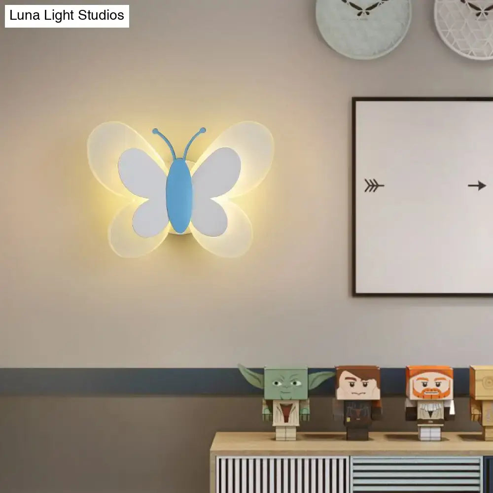 Cartoon blue & gray butterfly led wall light for kindergarten