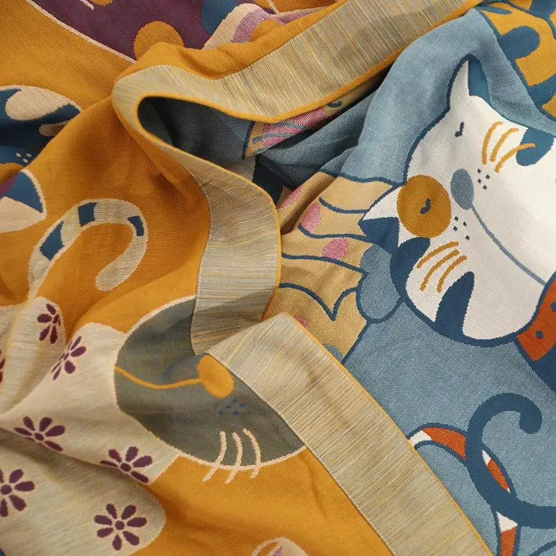 Cartoon boho bedspread blue cat woven cotton blanket bedroom decor