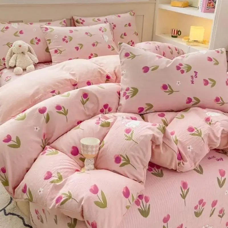 Cartoon cat pink floral cotton duvet cover set bedroom bedding