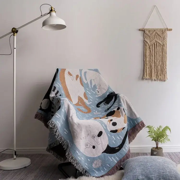 Cartoon cat throw blanket teal & blue bedroom sofa cover