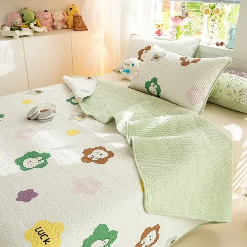 Cartoon dinosaur green quilted bed cover set bedroom cotton mat