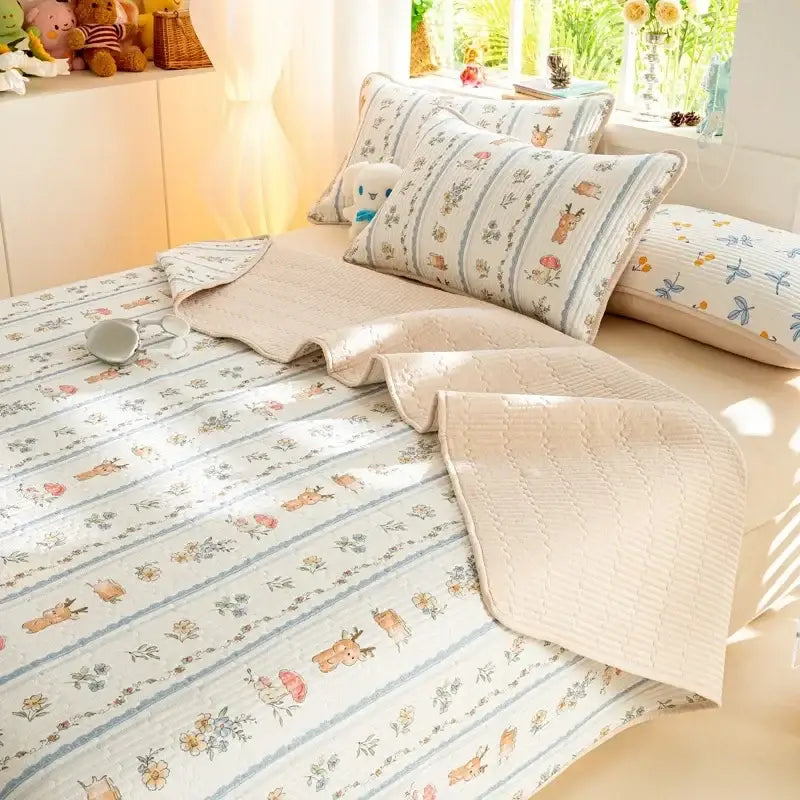 Cartoon dinosaur green quilted bed cover set bedroom cotton mat
