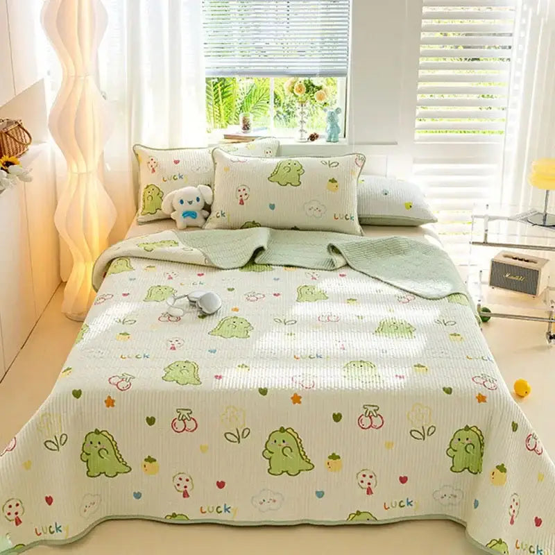 Cartoon dinosaur green quilted bed cover set bedroom cotton mat