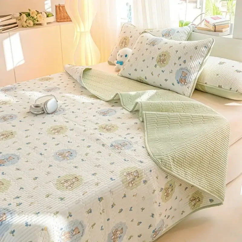 Cartoon dinosaur green quilted bed cover set bedroom cotton mat