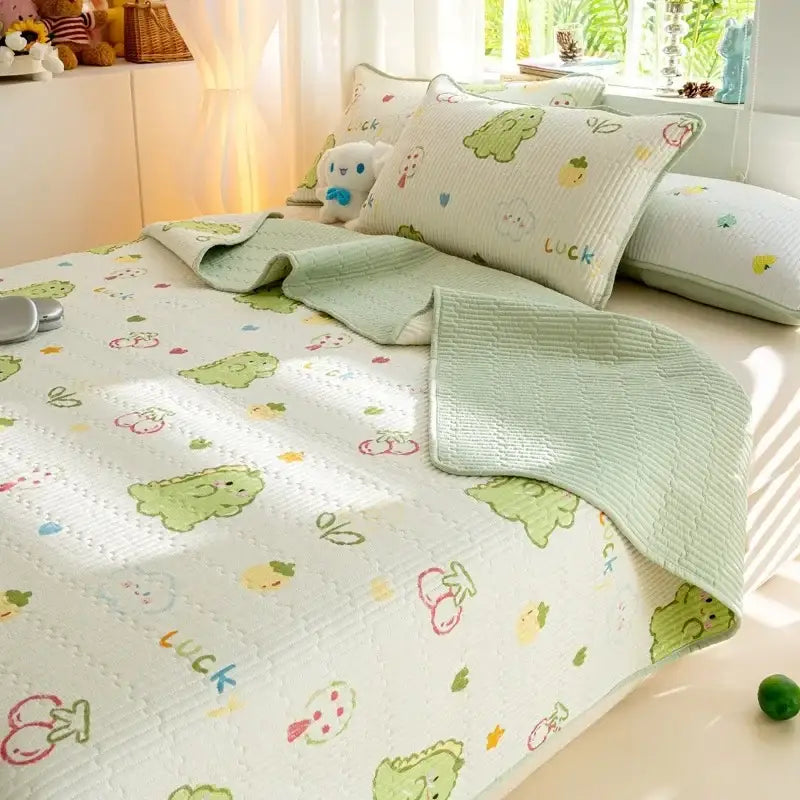 Cartoon dinosaur green quilted bed cover set bedroom cotton mat