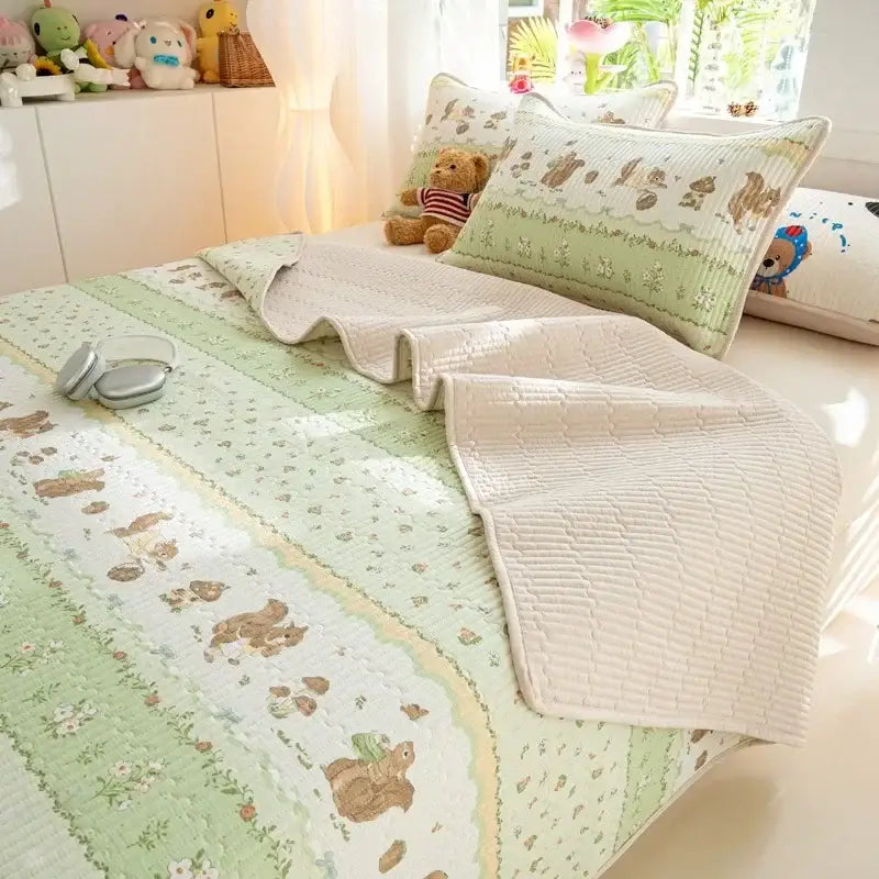 Cartoon dinosaur green quilted bed cover set bedroom cotton mat