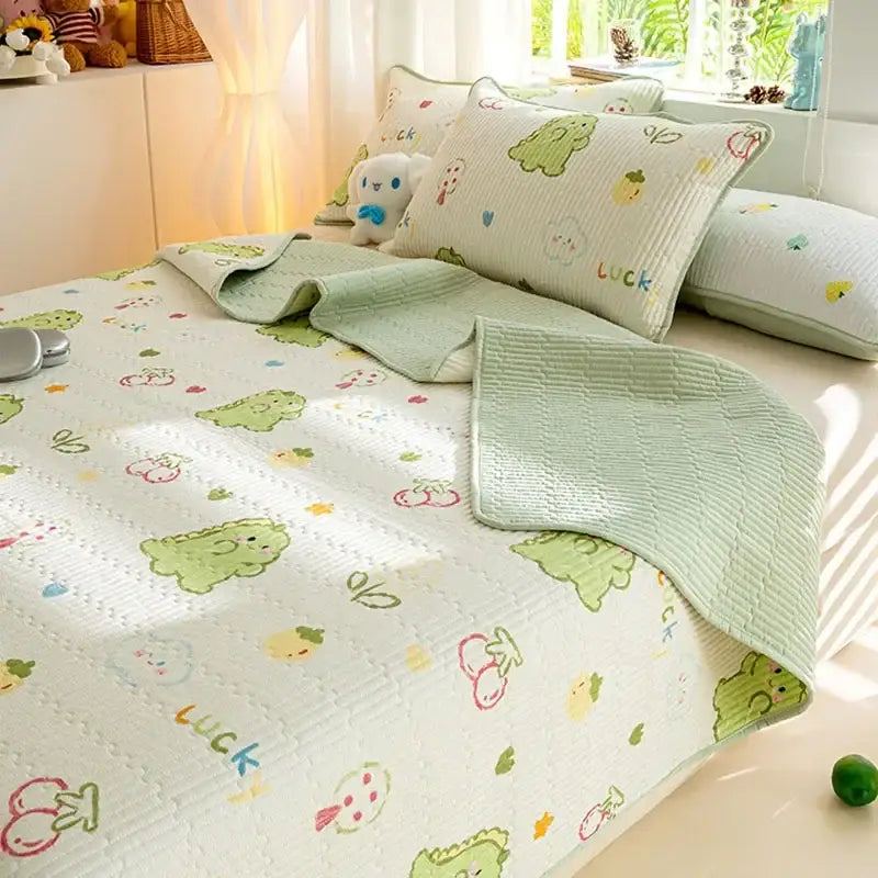 Cartoon dinosaur green quilted bed cover set bedroom cotton mat
