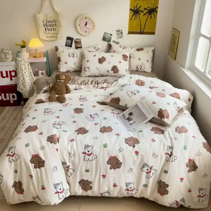 Cartoon dog printed cream comforter bedding set for bedroom