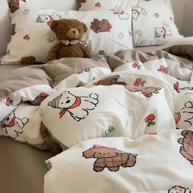 Cartoon dog printed cream comforter bedding set for bedroom
