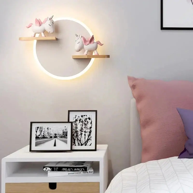 Cartoon figurine led wall lamp for bedroom with wooden shelf