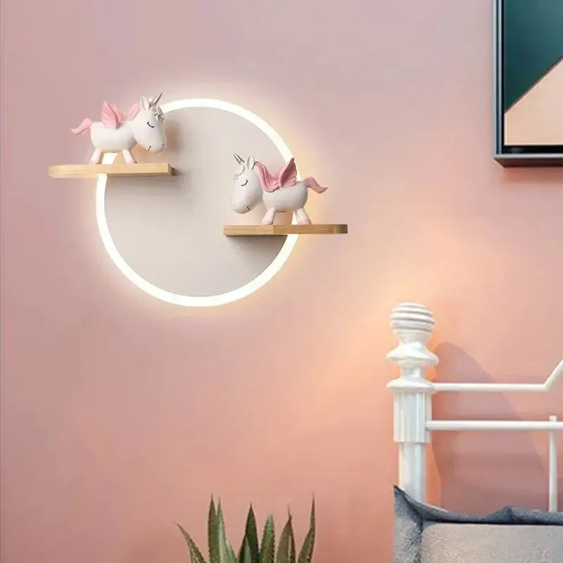 Cartoon figurine led wall lamp for bedroom with wooden shelf
