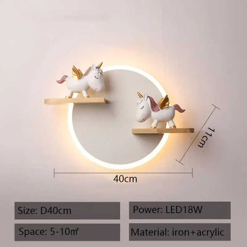 Cartoon figurine led wall lamp for bedroom with wooden shelf