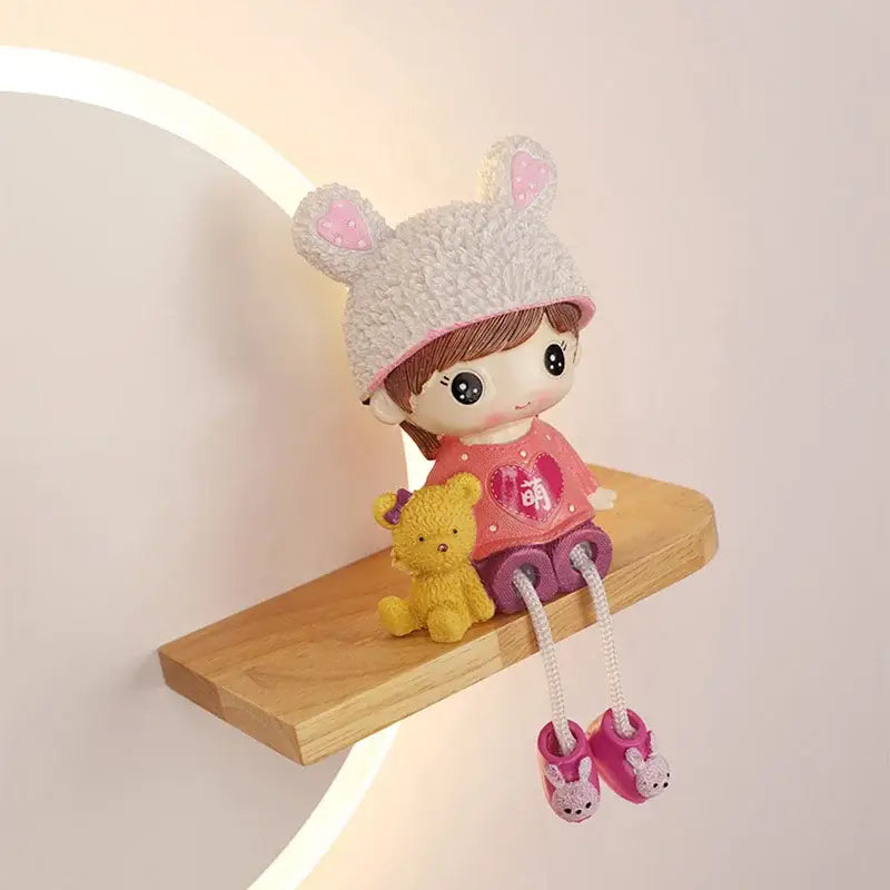 Cartoon figurine led wall lamp for bedroom with wooden shelf