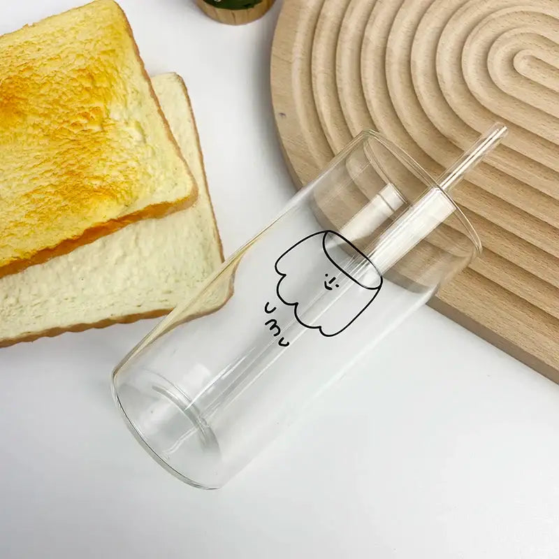 Cartoon glass cup with straw – kitchen marshmallow juice mug