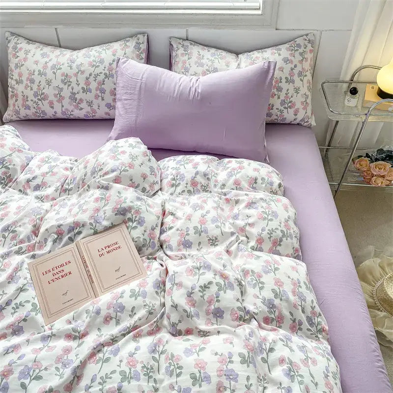 Cartoon heart floral cream and gray duvet set bedroom bedding
