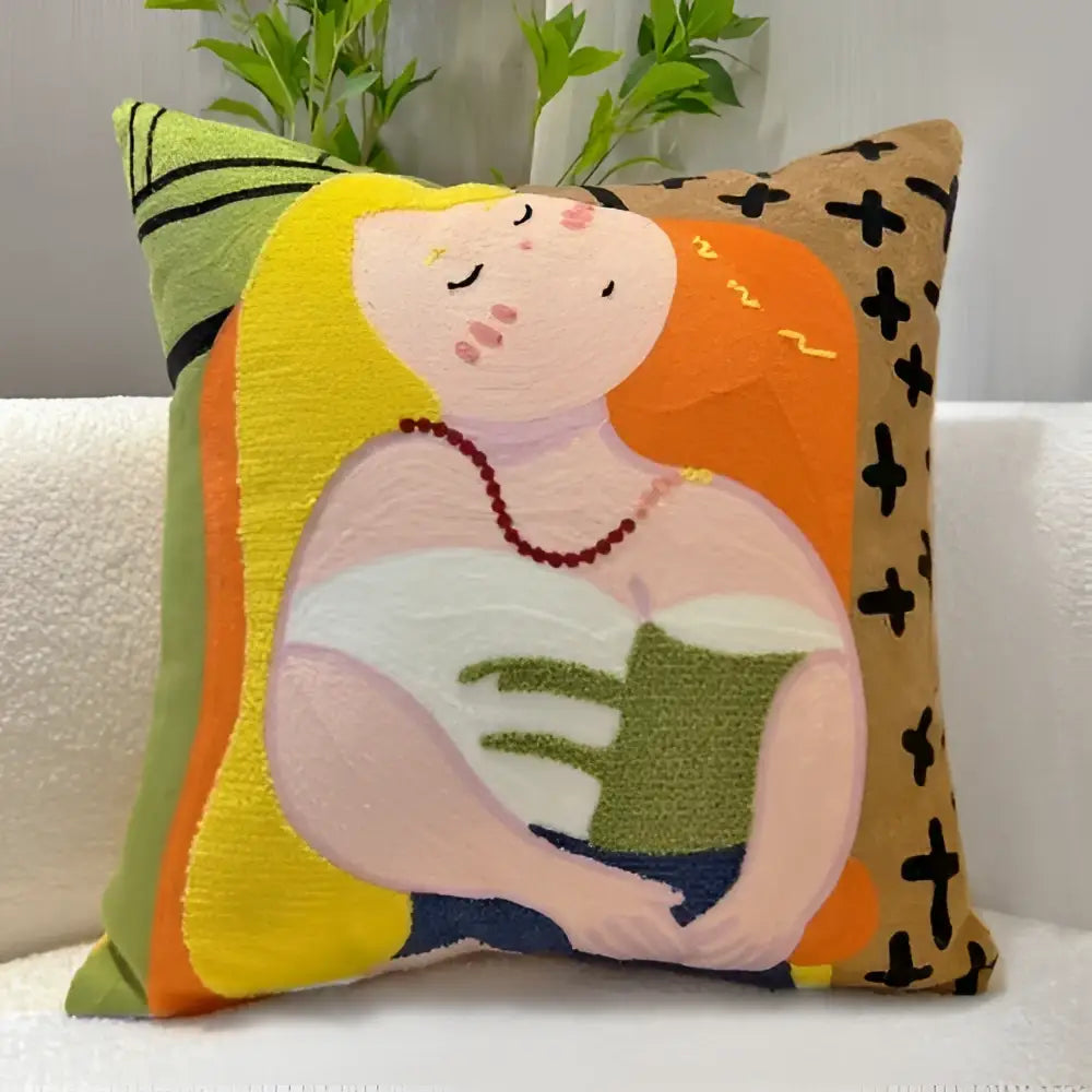Cartoon oil painting embroidery throw pillow living room decor