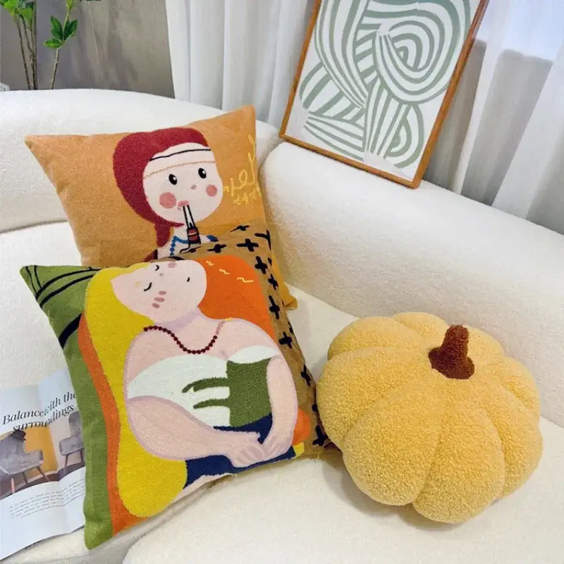 Cartoon oil painting embroidery throw pillow living room decor