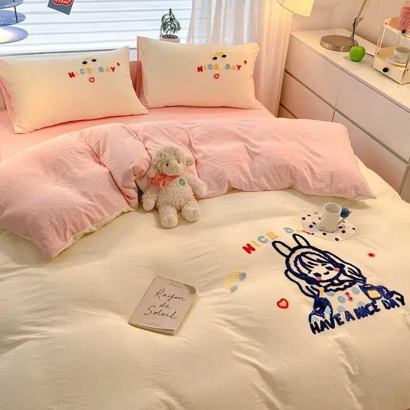 Cartoon pattern embroidered cream bedding sets bedroom decor luck