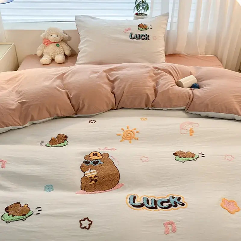 Cartoon pattern embroidered cream bedding sets bedroom decor luck
